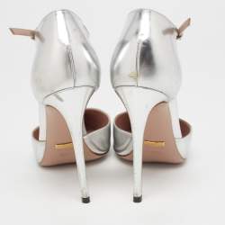 Pre Owned Gucci Metallic Silver Leather Studded Coline T-Strap Pumps Size 39.5