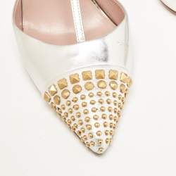 Pre Owned Gucci Metallic Silver Leather Studded Coline T-Strap Pumps Size 39.5