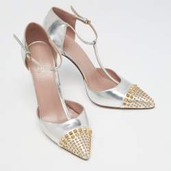Pre Owned Gucci Metallic Silver Leather Studded Coline T-Strap Pumps Size 39.5