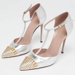 Pre Owned Gucci Metallic Silver Leather Studded Coline T-Strap Pumps Size 39.5