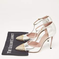 Pre Owned Gucci Metallic Silver Leather Studded Coline T-Strap Pumps Size 39.5