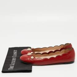 Pre Owned Gucci Red Scalloped Leather Interlocking G Faux Pearl Ballet Flats Size 40