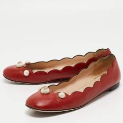 Pre Owned Gucci Red Scalloped Leather Interlocking G Faux Pearl Ballet Flats Size 40
