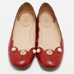 Pre Owned Gucci Red Scalloped Leather Interlocking G Faux Pearl Ballet Flats Size 40