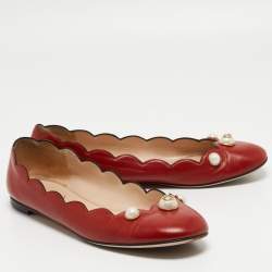 Pre Owned Gucci Red Scalloped Leather Interlocking G Faux Pearl Ballet Flats Size 40