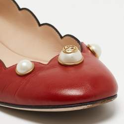 Pre Owned Gucci Red Scalloped Leather Interlocking G Faux Pearl Ballet Flats Size 40