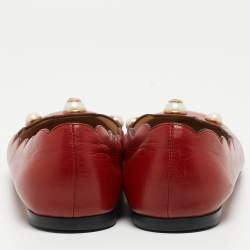 Pre Owned Gucci Red Scalloped Leather Interlocking G Faux Pearl Ballet Flats Size 40