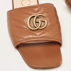 Gucci Brown Matelasse Leather GG Marmont Flat Slides Size 41