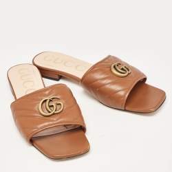 Gucci Brown Matelasse Leather GG Marmont Flat Slides Size 41