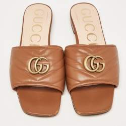 Gucci Brown Matelasse Leather GG Marmont Flat Slides Size 41