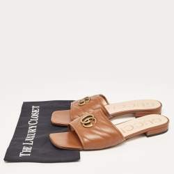 Gucci Brown Matelasse Leather GG Marmont Flat Slides Size 41