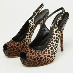 Gucci Brown/White Leopard Print Calfhair Sofia Platform Slingback Sandals Size 36