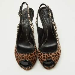 Gucci Brown/White Leopard Print Calfhair Sofia Platform Slingback Sandals Size 36