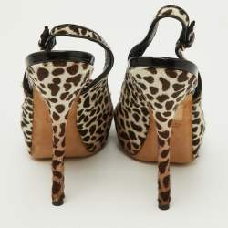 Gucci Brown/White Leopard Print Calfhair Sofia Platform Slingback Sandals Size 36