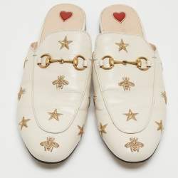 Pre Owned Gucci Cream Leather Bee and Star Embroidered Princetown Flat Mules Size 41.5