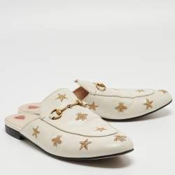 Pre Owned Gucci Cream Leather Bee and Star Embroidered Princetown Flat Mules Size 41.5