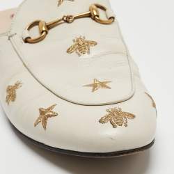 Pre Owned Gucci Cream Leather Bee and Star Embroidered Princetown Flat Mules Size 41.5
