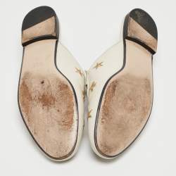 Pre Owned Gucci Cream Leather Bee and Star Embroidered Princetown Flat Mules Size 41.5