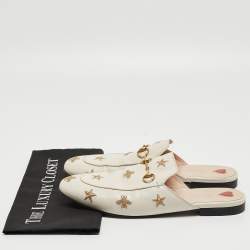 Pre Owned Gucci Cream Leather Bee and Star Embroidered Princetown Flat Mules Size 41.5
