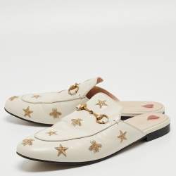 Pre Owned Gucci Cream Leather Bee and Star Embroidered Princetown Flat Mules Size 41.5