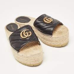 Gucci Black Leather GG Marmont  Slide Espadrilles Size 39.5 