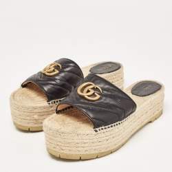 Gucci Black Leather GG Marmont  Slide Espadrilles Size 39.5 