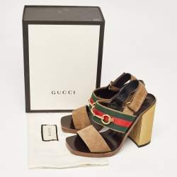 Gucci Brown Suede Web Horsebit Block Heel Slingback Sandals Size 37.5