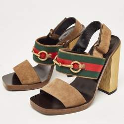 Gucci Brown Suede Web Horsebit Block Heel Slingback Sandals Size 37.5