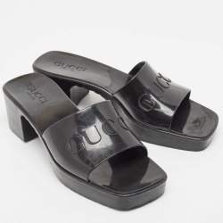Gucci Black Rubber Logo Embossed Platform Slide Sandals Size 38