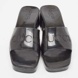 Gucci Black Rubber Logo Embossed Platform Slide Sandals Size 38