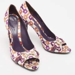 Gucci Multicolor Satin Horsebit Peep Toe Pumps Size 38.5