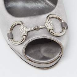 Gucci Grey Satin Horsebit Crystal Embellished Peep Toe Pumps Size 38.5