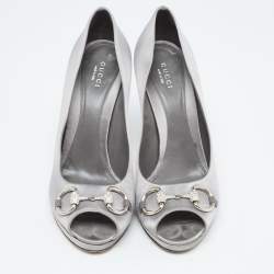 Gucci Grey Satin Horsebit Crystal Embellished Peep Toe Pumps Size 38.5