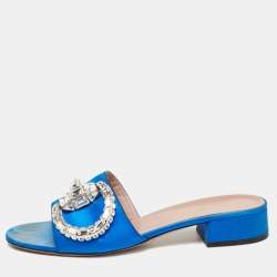 Pre Owned Gucci Blue Satin Crystal Horsebit Maxime Slide Sandals Size 38.5