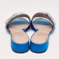 Pre Owned Gucci Blue Satin Crystal Horsebit Maxime Slide Sandals Size 38.5