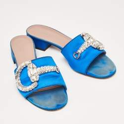 Pre Owned Gucci Blue Satin Crystal Horsebit Maxime Slide Sandals Size 38.5