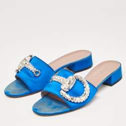 Pre Owned Gucci Blue Satin Crystal Horsebit Maxime Slide Sandals Size 38.5