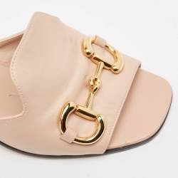 Gucci Pink Leather Horsebit Accent Slide Sandals Size 39.5
