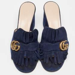 Gucci Blue Suede GG Marmont Slides Size 40  