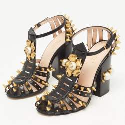 Pre Owned Gucci Black Leather Kendall Embellished Block Heel Ankle Strap Sandals Size 38.5