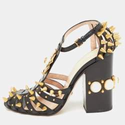 Pre Owned Gucci Black Leather Kendall Embellished Block Heel Ankle Strap Sandals Size 38.5