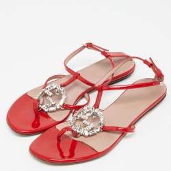 Gucci Red Patent GG Interlocking Crystal Embellished Ankle Strap Size 36 