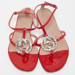 Gucci Red Patent GG Interlocking Crystal Embellished Ankle Strap Size 36 