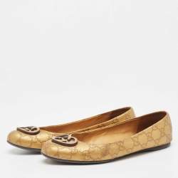 Pre Owned Gucci Gold Leaher Interlocking GG Logo Ballet Flats Size 38.5