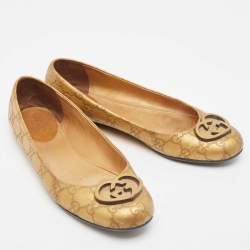 Pre Owned Gucci Gold Leaher Interlocking GG Logo Ballet Flats Size 38.5