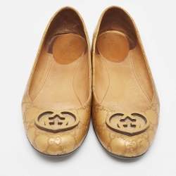 Pre Owned Gucci Gold Leaher Interlocking GG Logo Ballet Flats Size 38.5