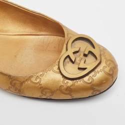 Pre Owned Gucci Gold Leaher Interlocking GG Logo Ballet Flats Size 38.5