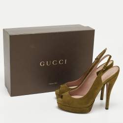 Gucci Green Suede Sofia Slingback Platform Pumps Size 38.5