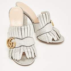 Gucci Silver Crackle Leather GG Marmont Fringed Slide Sandals Size 36