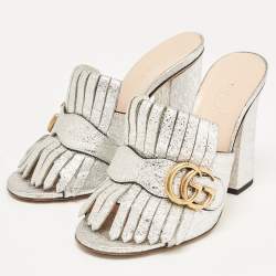 Gucci Silver Crackle Leather GG Marmont Fringed Slide Sandals Size 36